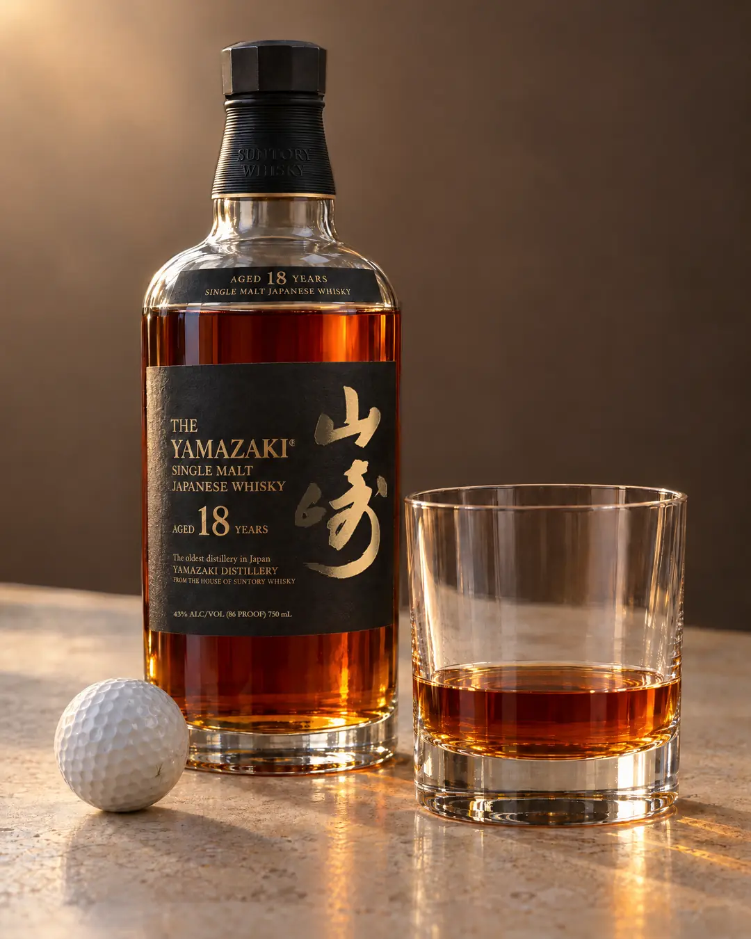 A tumbler of deep amber whisky beside an opened bottle of Yamazaki 18 and a white golf ball on a pale stone table