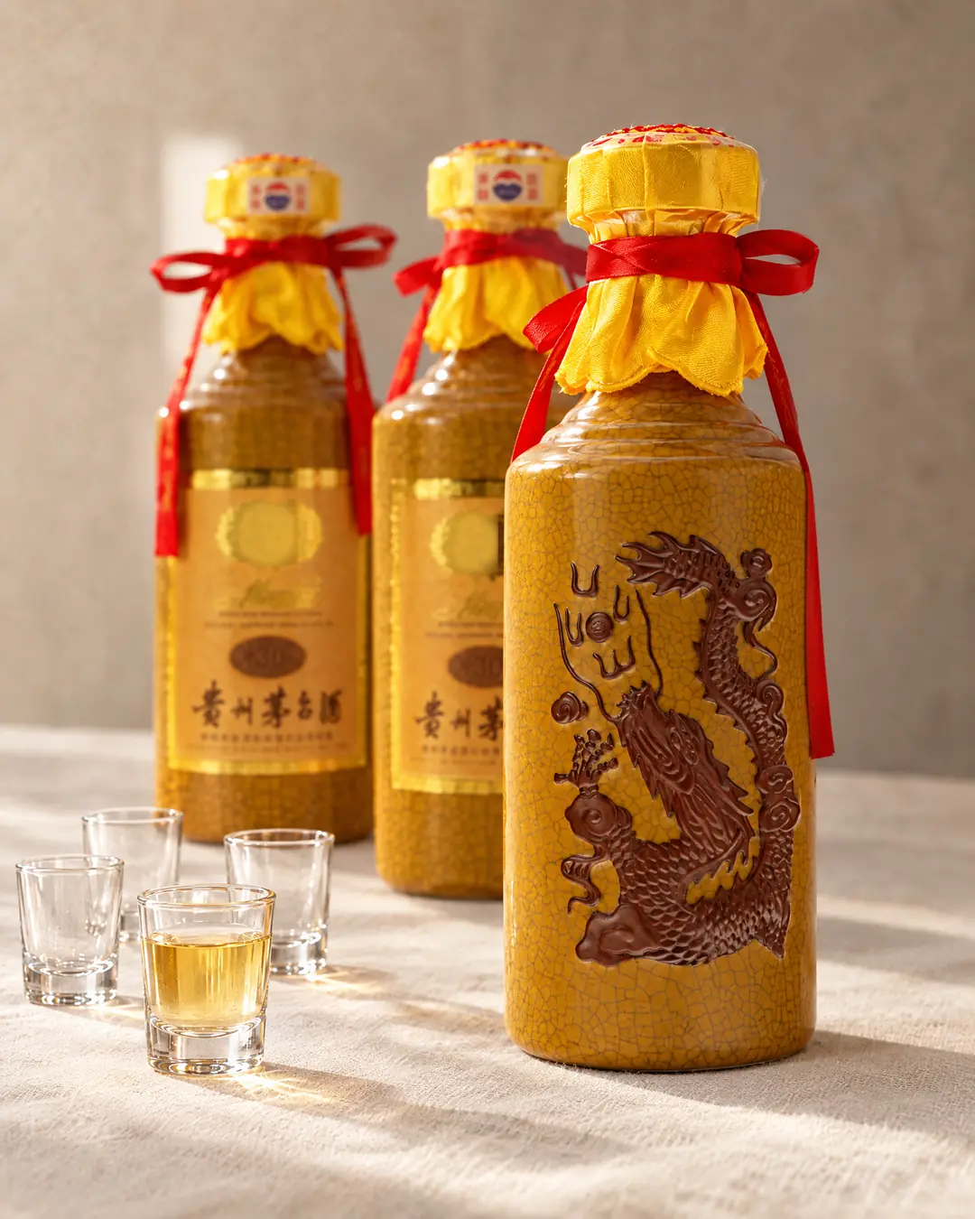 Three ochre crackle-glazed ceramic bottles of aged baijiu with yellow silk caps and red ribbons, the nearest showing a raised brown dragon, beside small glass cups, one filled with pale gold spirit