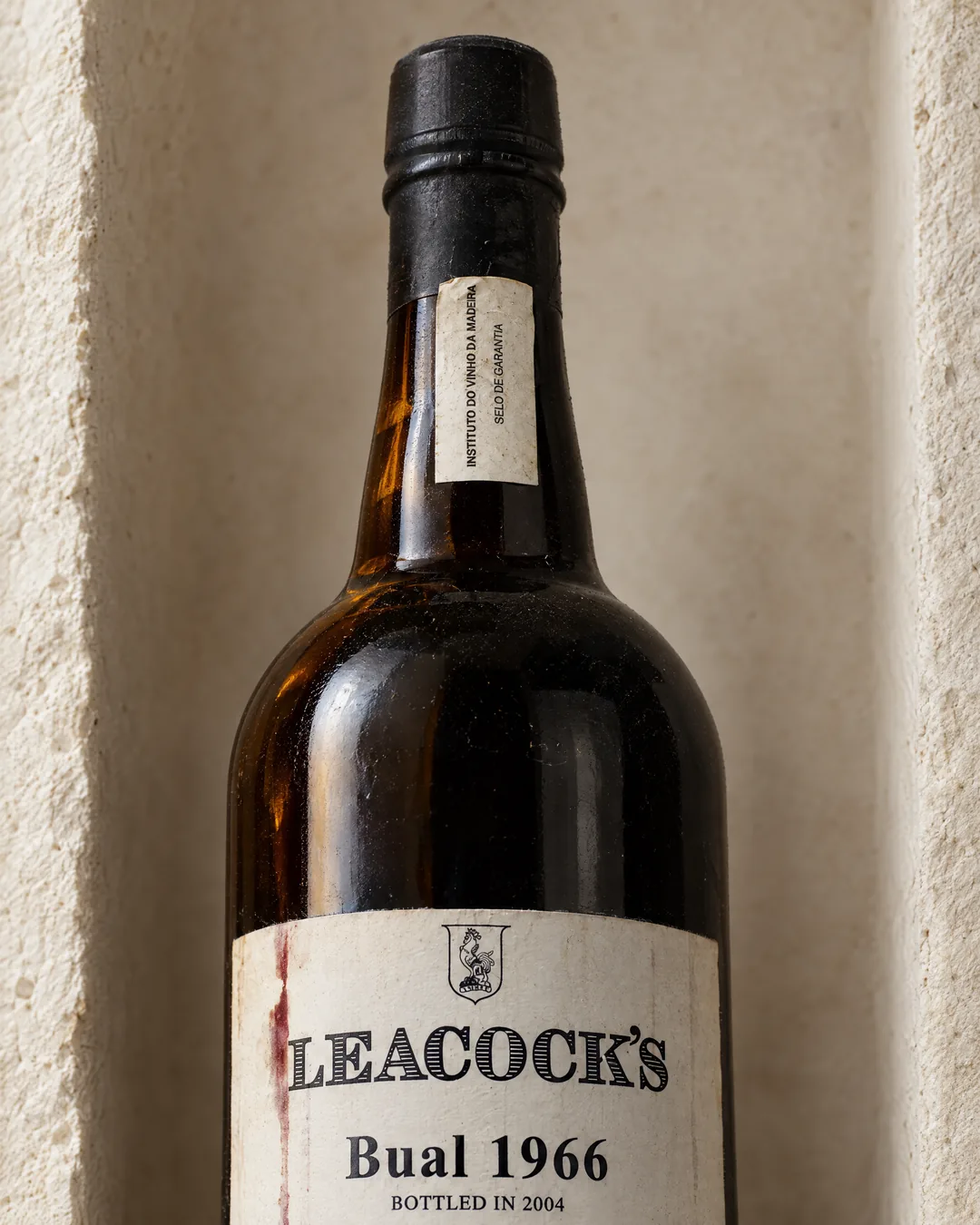 A bottle of Leacock's Bual 1966 vintage Madeira with its original label