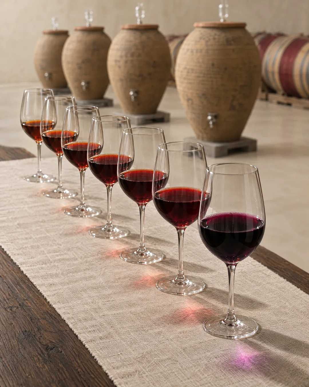 Seven glasses of red wine from seven decades, purple to brick, before clay amphorae in a cellar