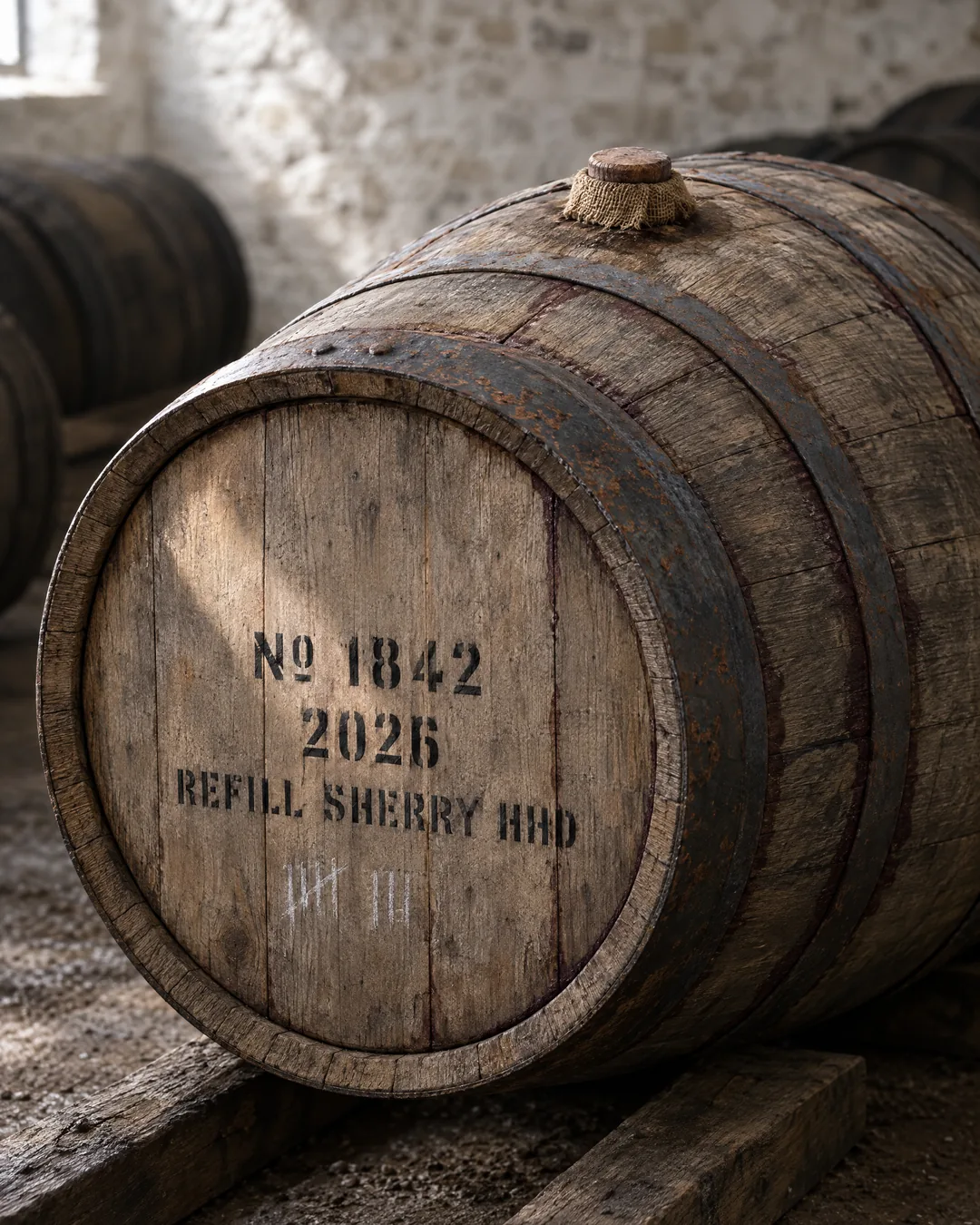 A refill sherry hogshead stenciled No 1842, 2026, REFILL SHERRY HHD, lying bung up on wooden runners in a stone dunnage warehouse.