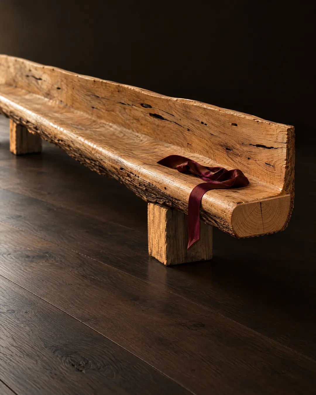 The cut end of a long bench carved from a single honey-colored trunk, its seat scooped into a channel below a low back, resting on a wooden block foot, with an oxblood ribbon in the seat