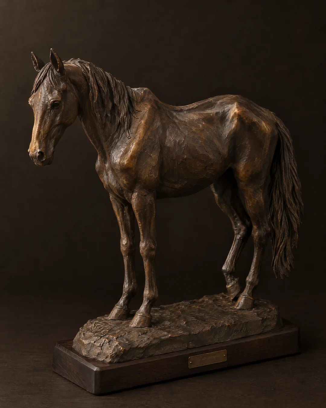 A bronze of an older mare standing at rest on a dark oak plinth with a small brass name plate