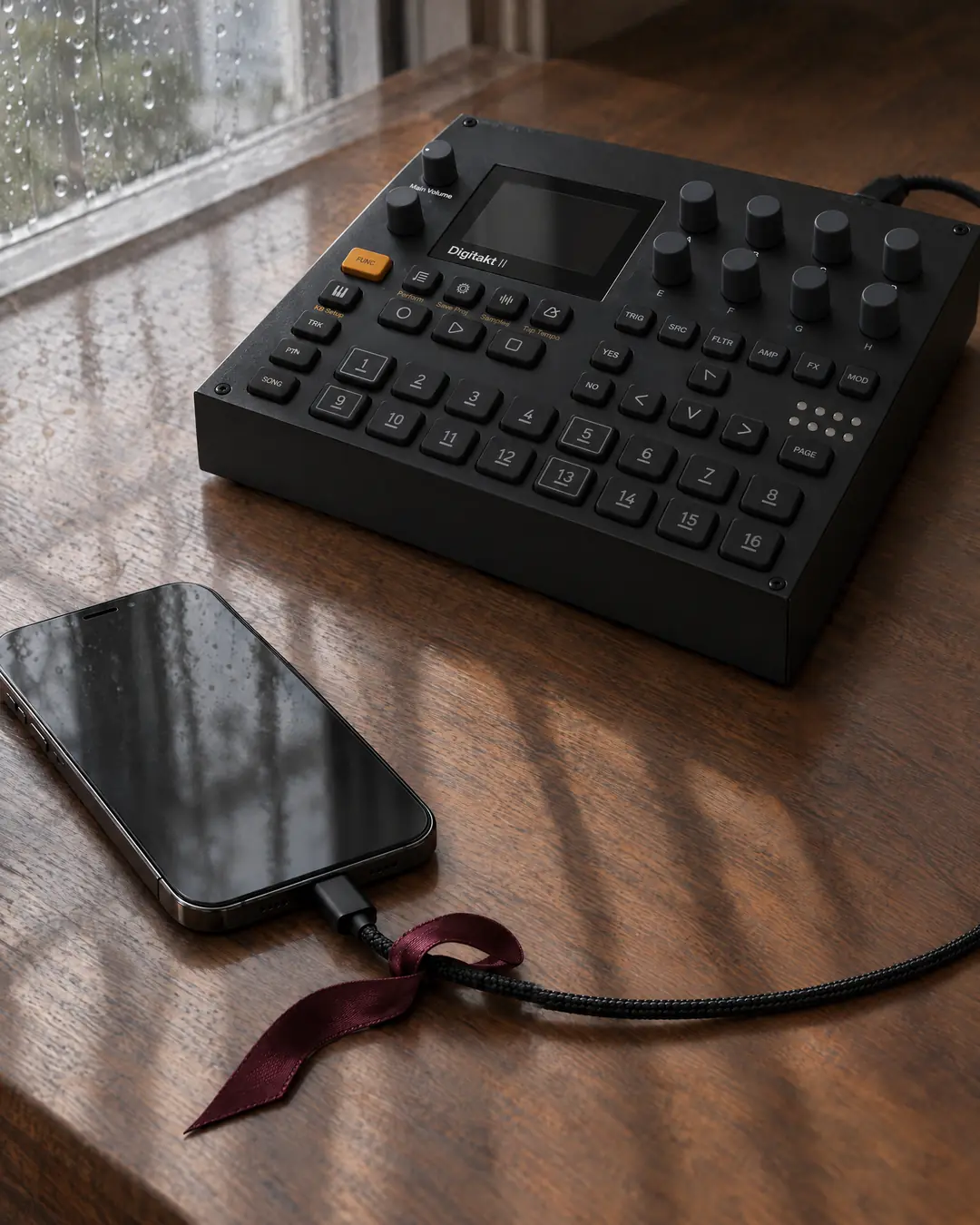 A black sixteen-key sampler on an oak desk by a rainy window, a phone connected to it by a braided cable tied with oxblood ribbon
