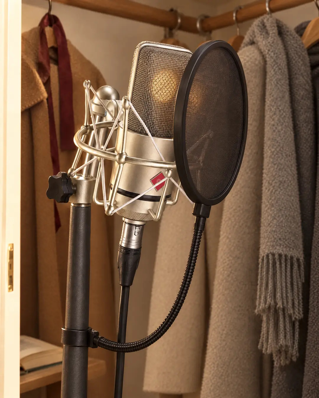 A nickel studio microphone in an elastic shock mount with a round pop screen in front of it, set up among wool winter coats in a hall closet, a red diamond badge on its front