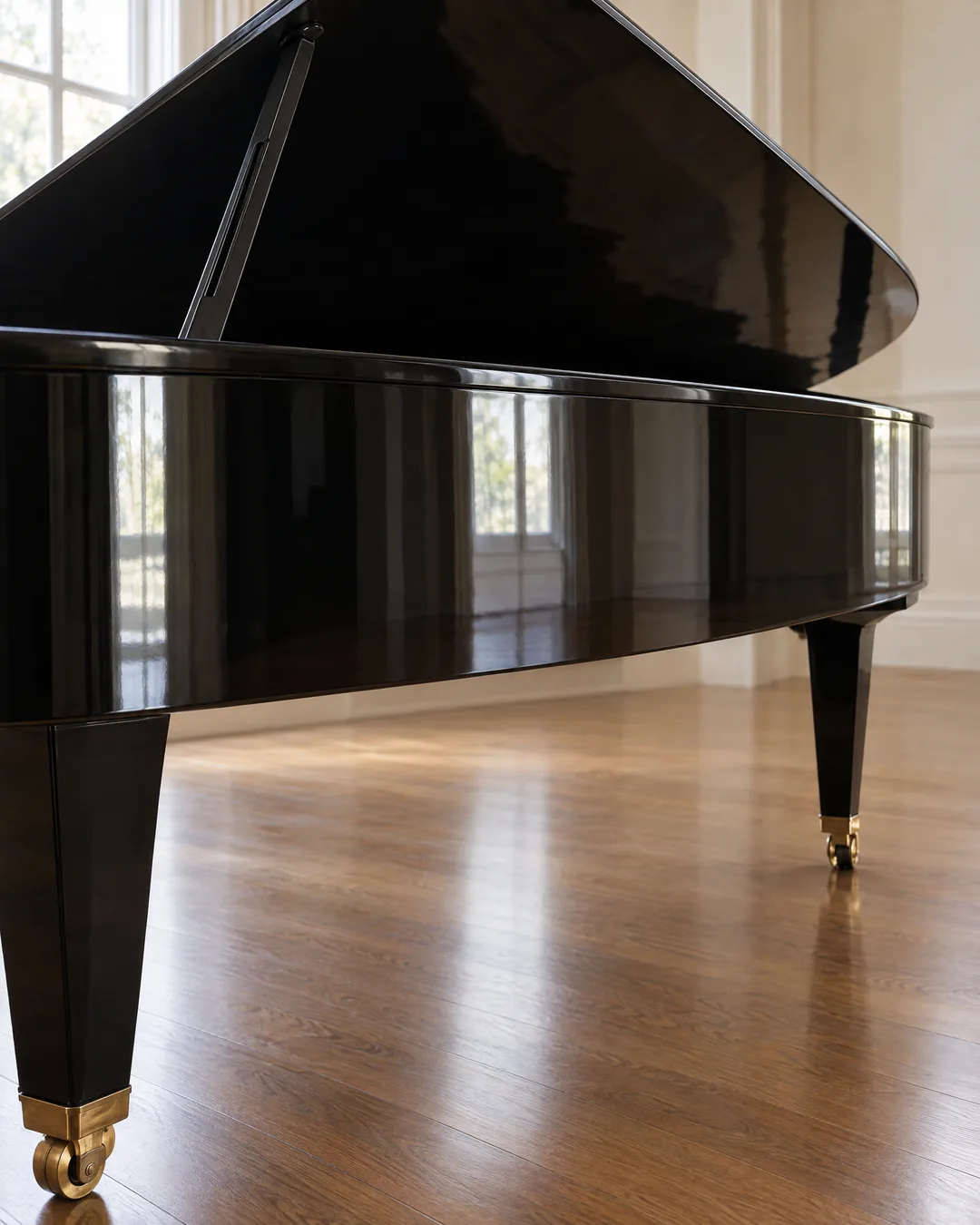 The raised black lid of a concert grand piano on its slotted prop, above the mirror-polished case and tapered legs in a sunlit room