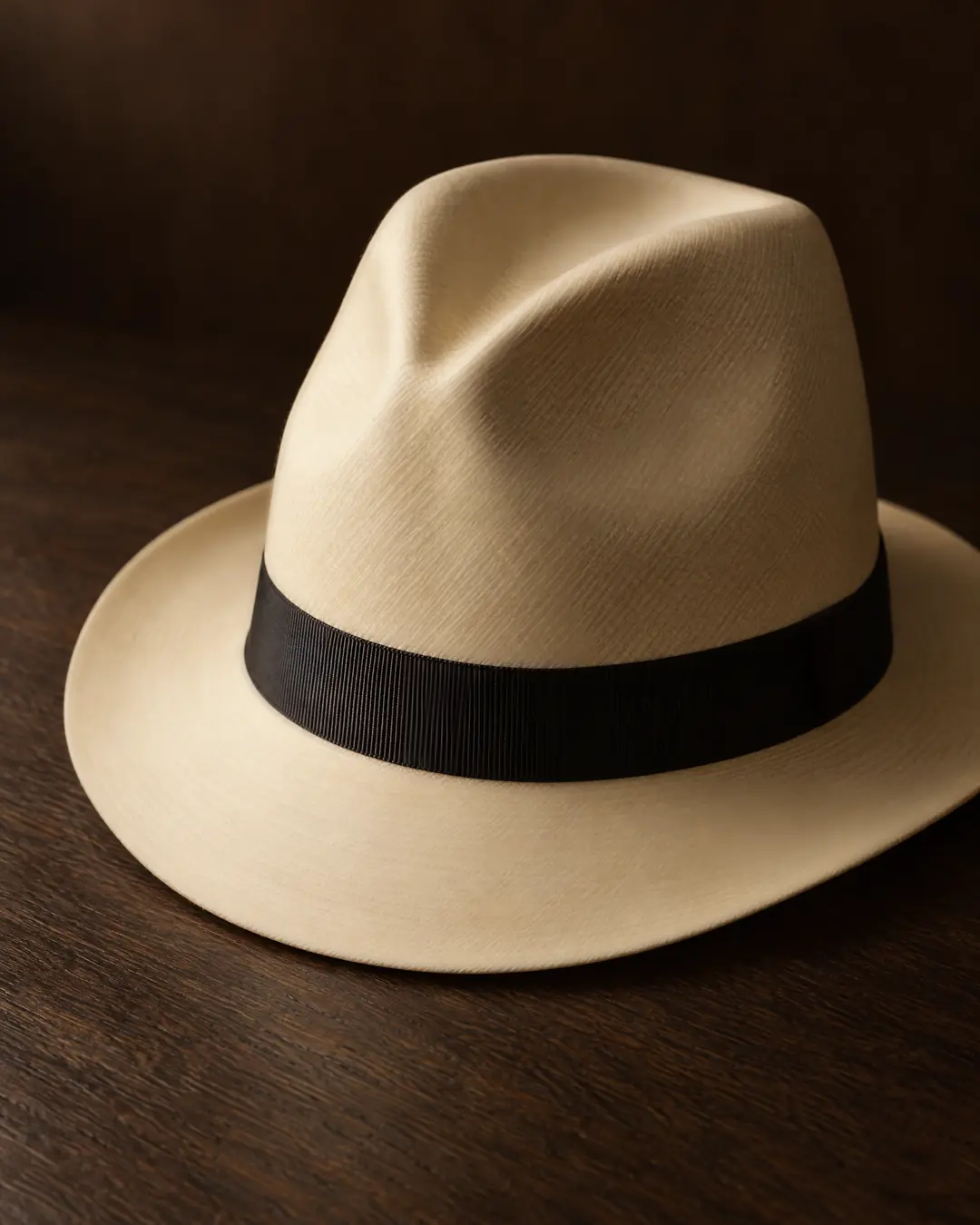An ivory straw fedora with a pinched teardrop crown and a black grosgrain band, its weave fine as linen, close on a dark oak table in low window light