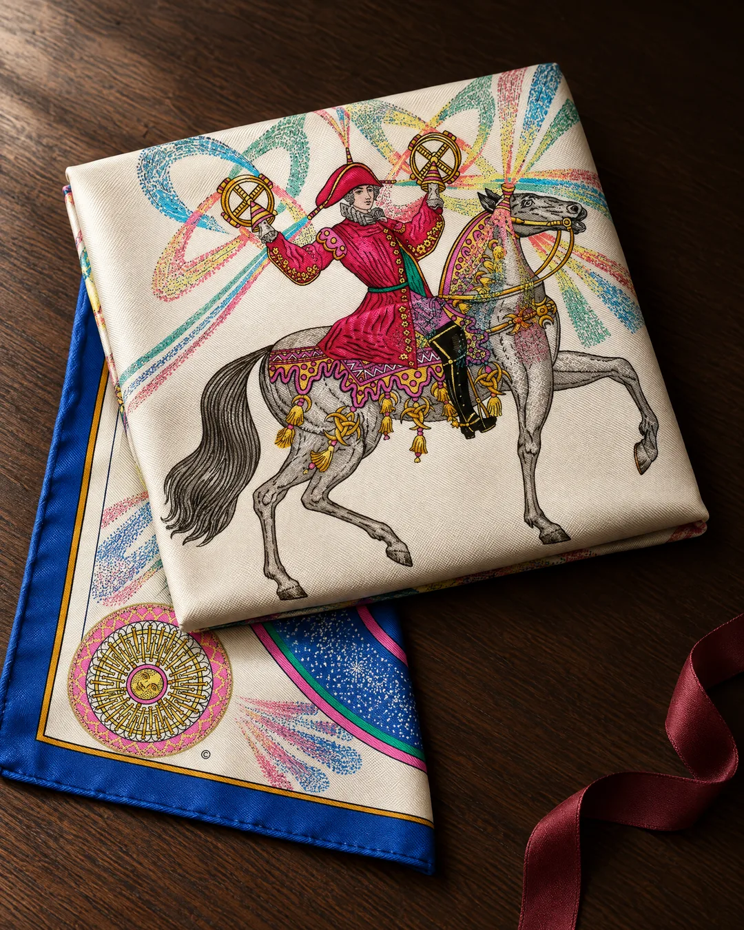 A folded silk square on dark oak, a horseman holding two gold fireworks wheels on top and a blue-bordered corner with a gold medallion beneath