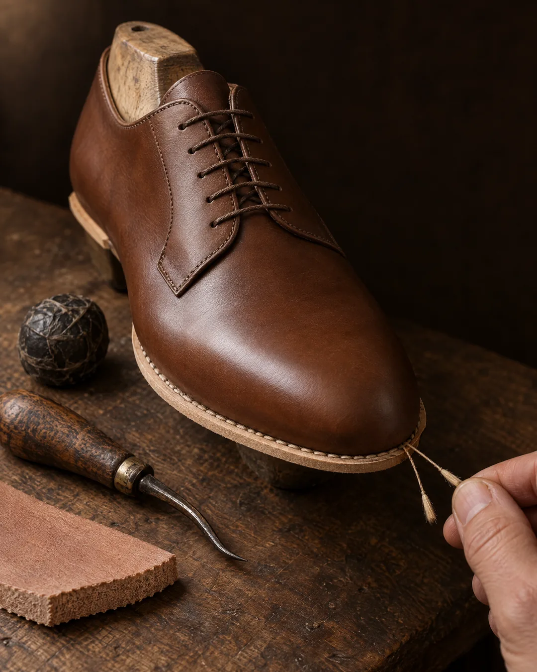 A half-made brown derby shoe on its last, its welt being stitched by hand with waxed thread