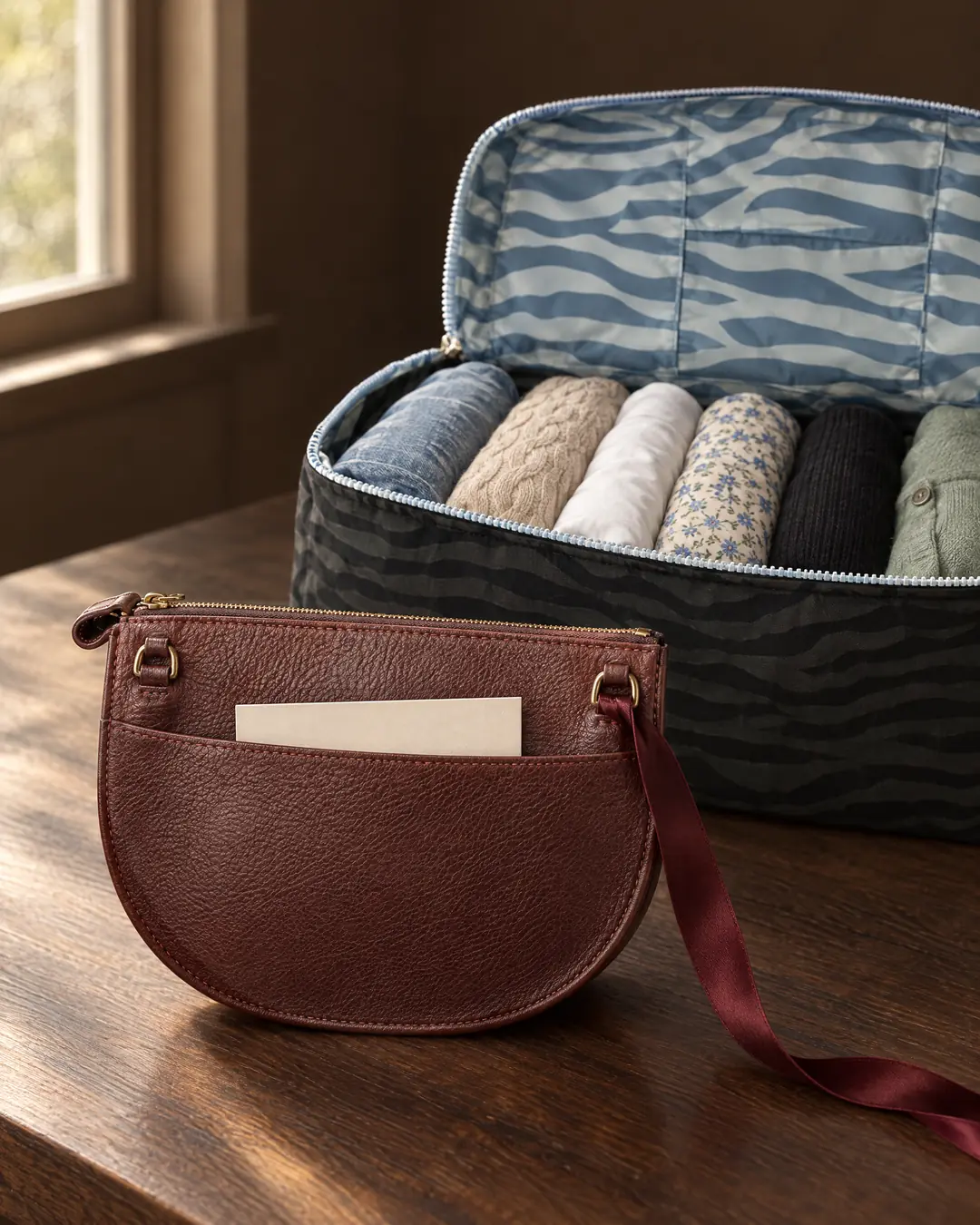 A leather crescent bag with a blank note card in its back pocket, in front of an open delivery bag holding six rolled garments