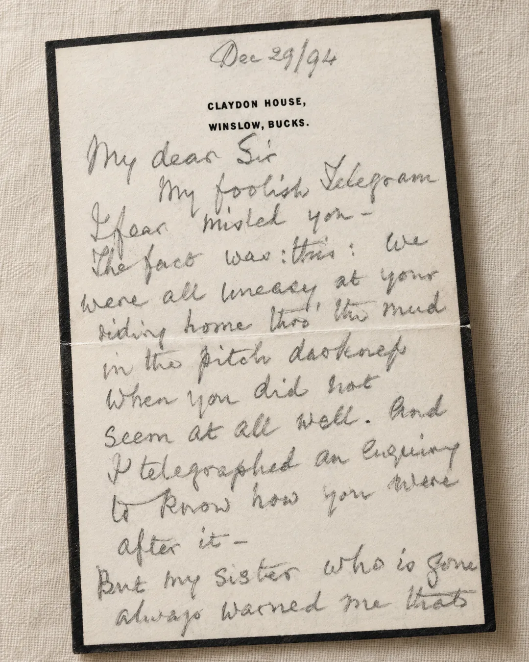 A pencilled letter by Florence Nightingale dated Dec 29/94, on black-bordered Claydon House notepaper, folded once across the middle