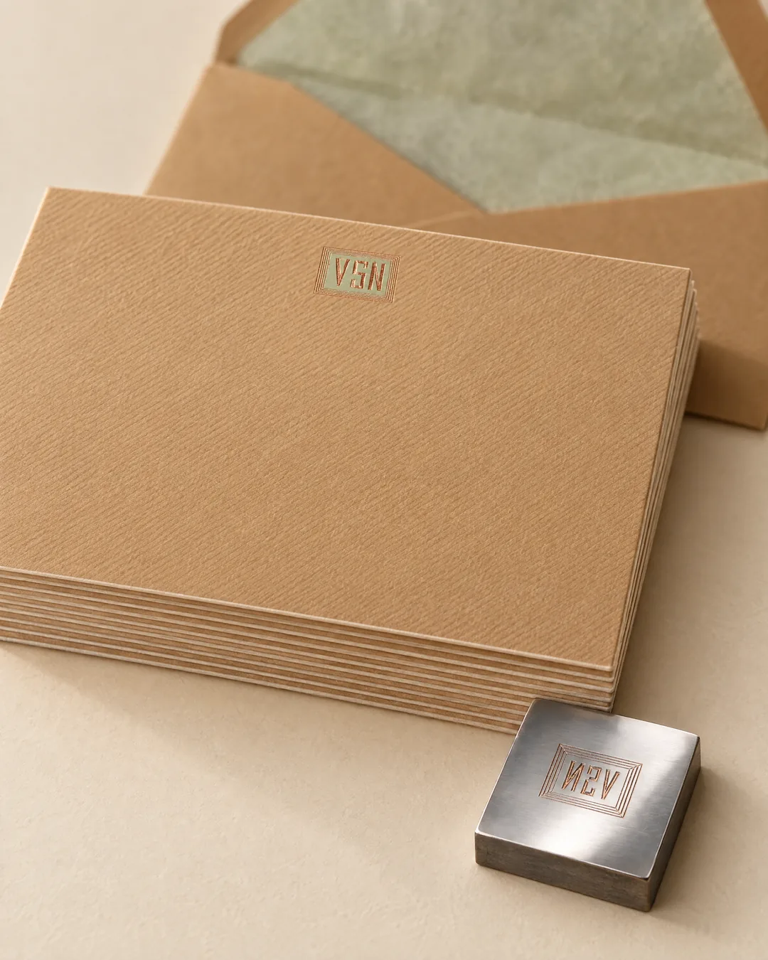 Camel correspondence cards engraved with a small VSN block monogram in copper and sage, beside the steel die cut with the same monogram in reverse