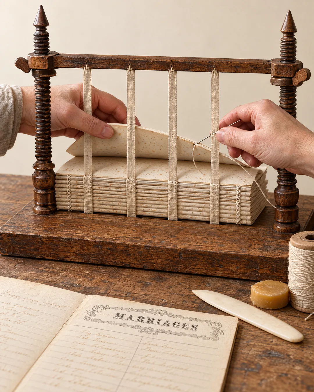 A binder's hands sewing the sections of a Victorian family Bible over linen tapes on a wooden sewing frame, the MARRIAGES register page open on the bench in front