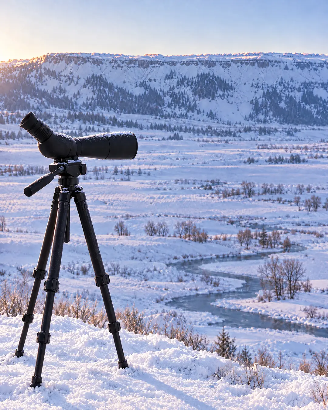 A spotting scope on a tripod above the snowy Lamar Valley at first light, looking across the river toward Specimen Ridge