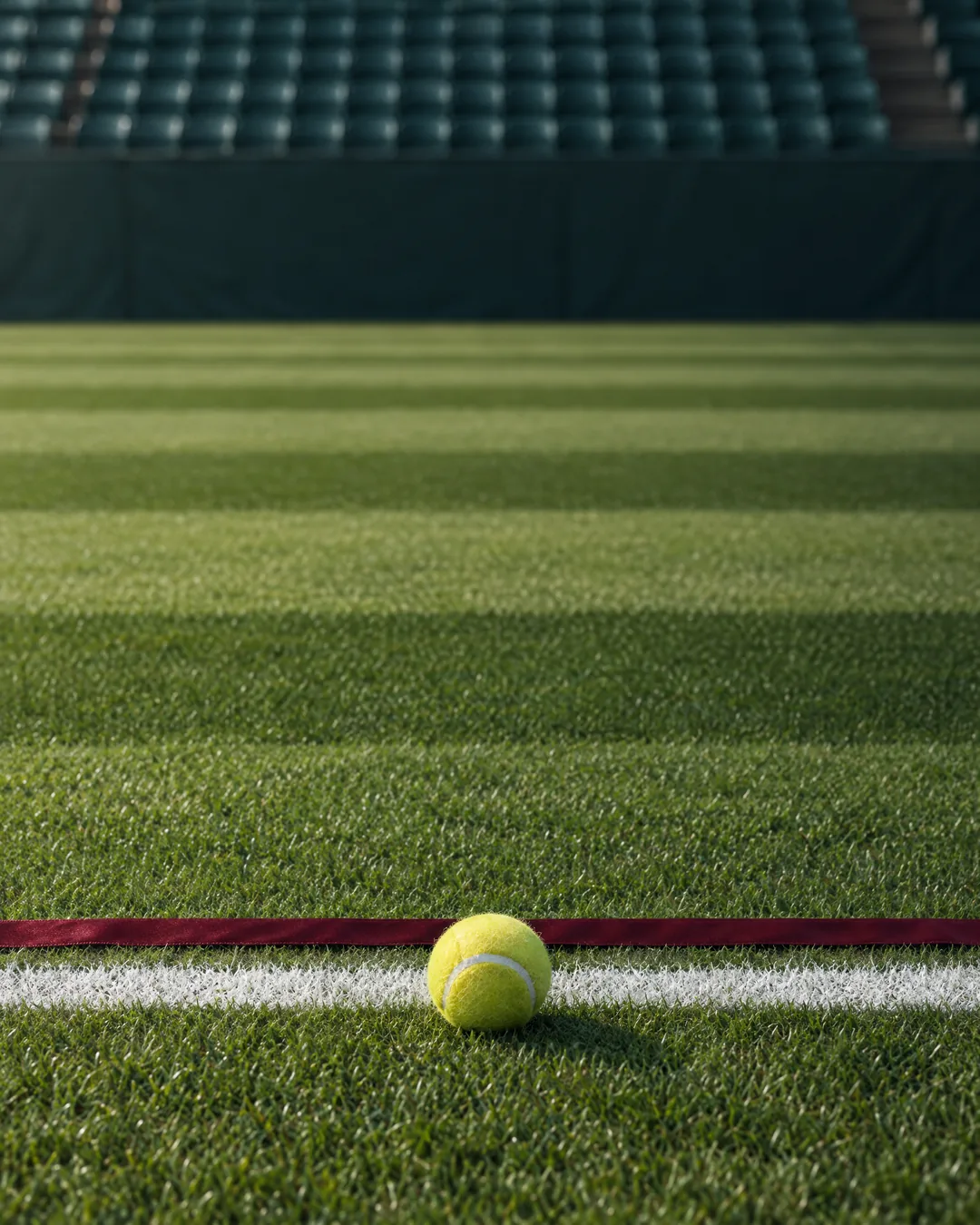 A yellow tennis ball resting just inside the white baseline of a grass court, an oxblood ribbon along the line and dark green seats blurred behind