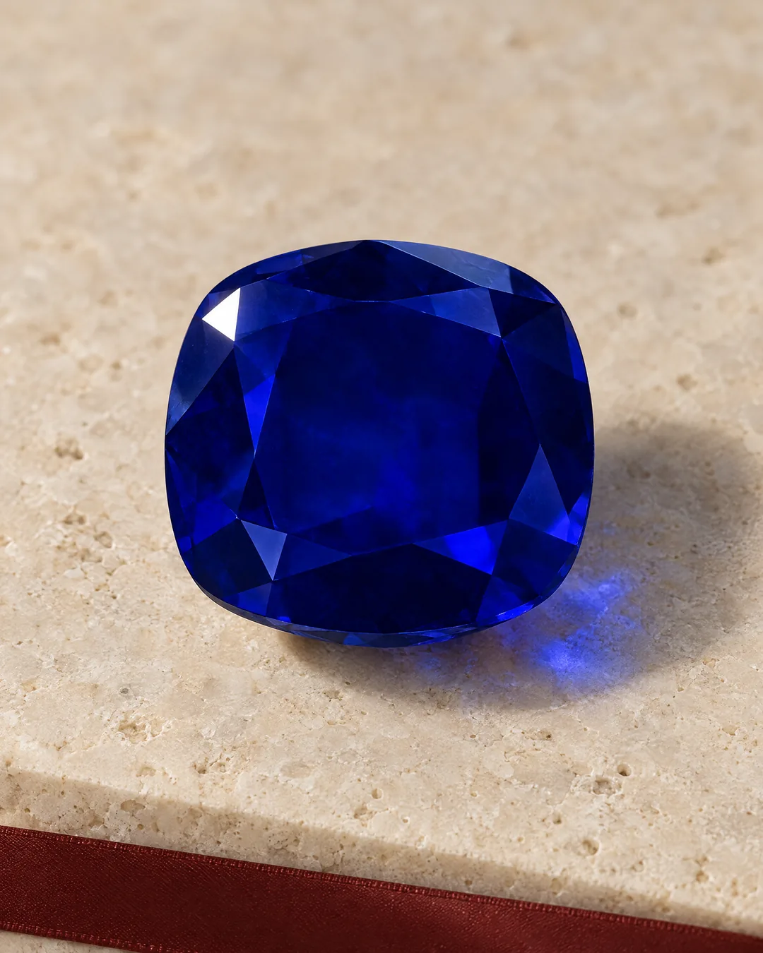 A loose cushion-cut blue sapphire on pale stone