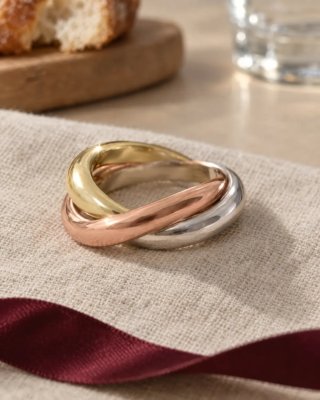 A ring of three slim interlaced bands in white, yellow and rose gold resting on a pale linen napkin at a lunch table, a loose dark red ribbon beside it