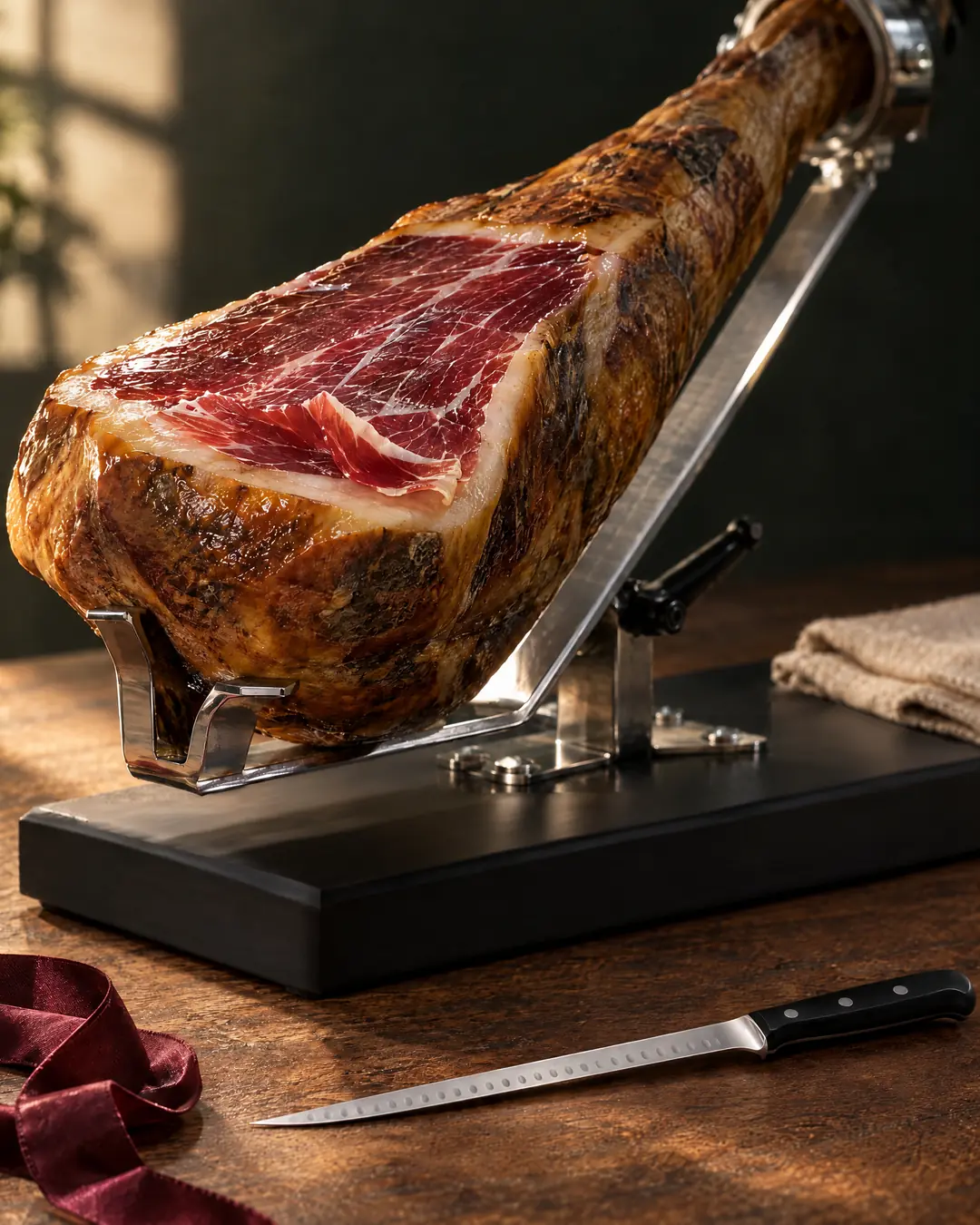 A whole cured Ibérico ham, partly carved, on a steel carving stand with a black base, a long slicing knife on the counter beside it