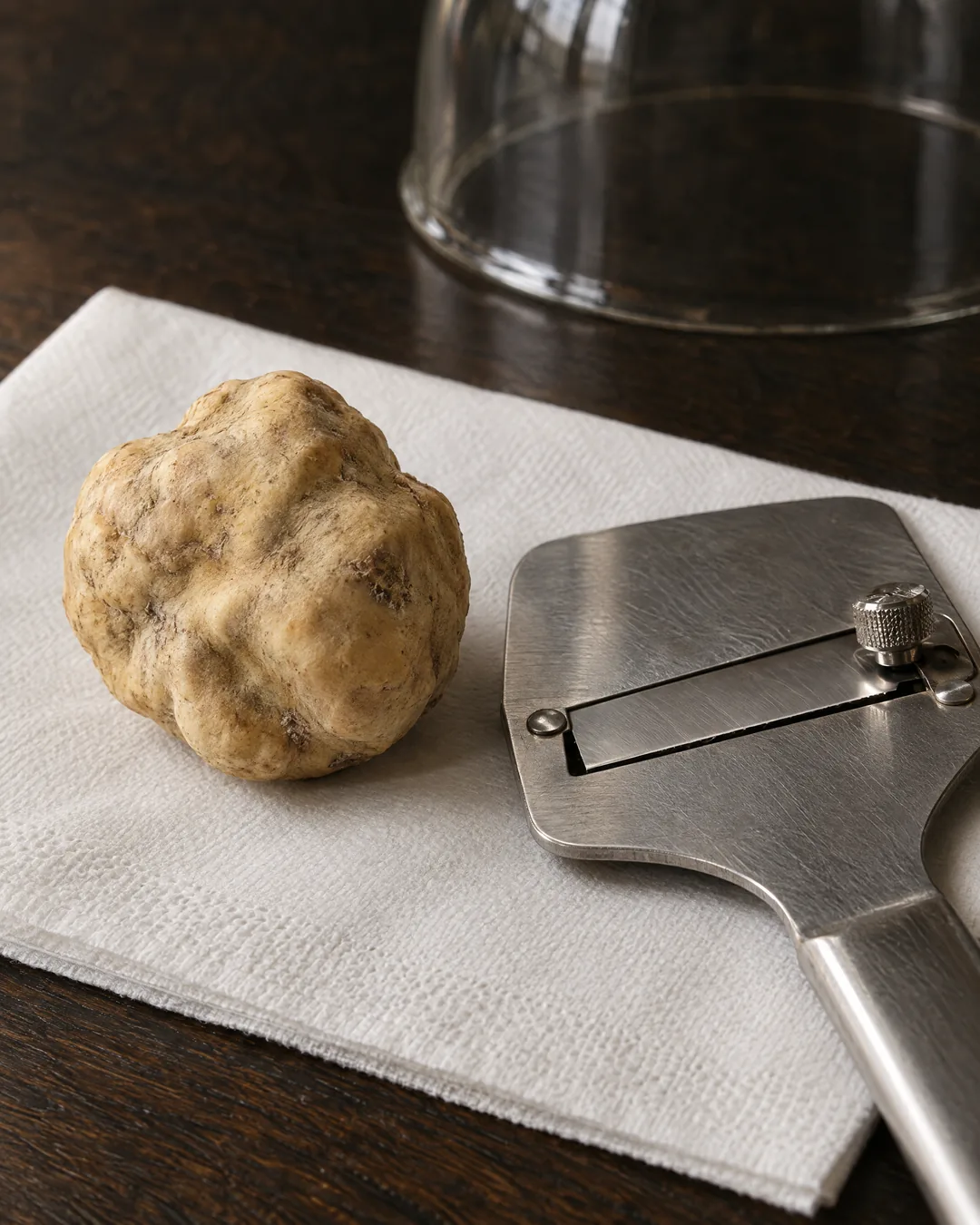 A small whole white truffle on a folded white paper napkin, beside a steel truffle shaver, with a glass cloche behind