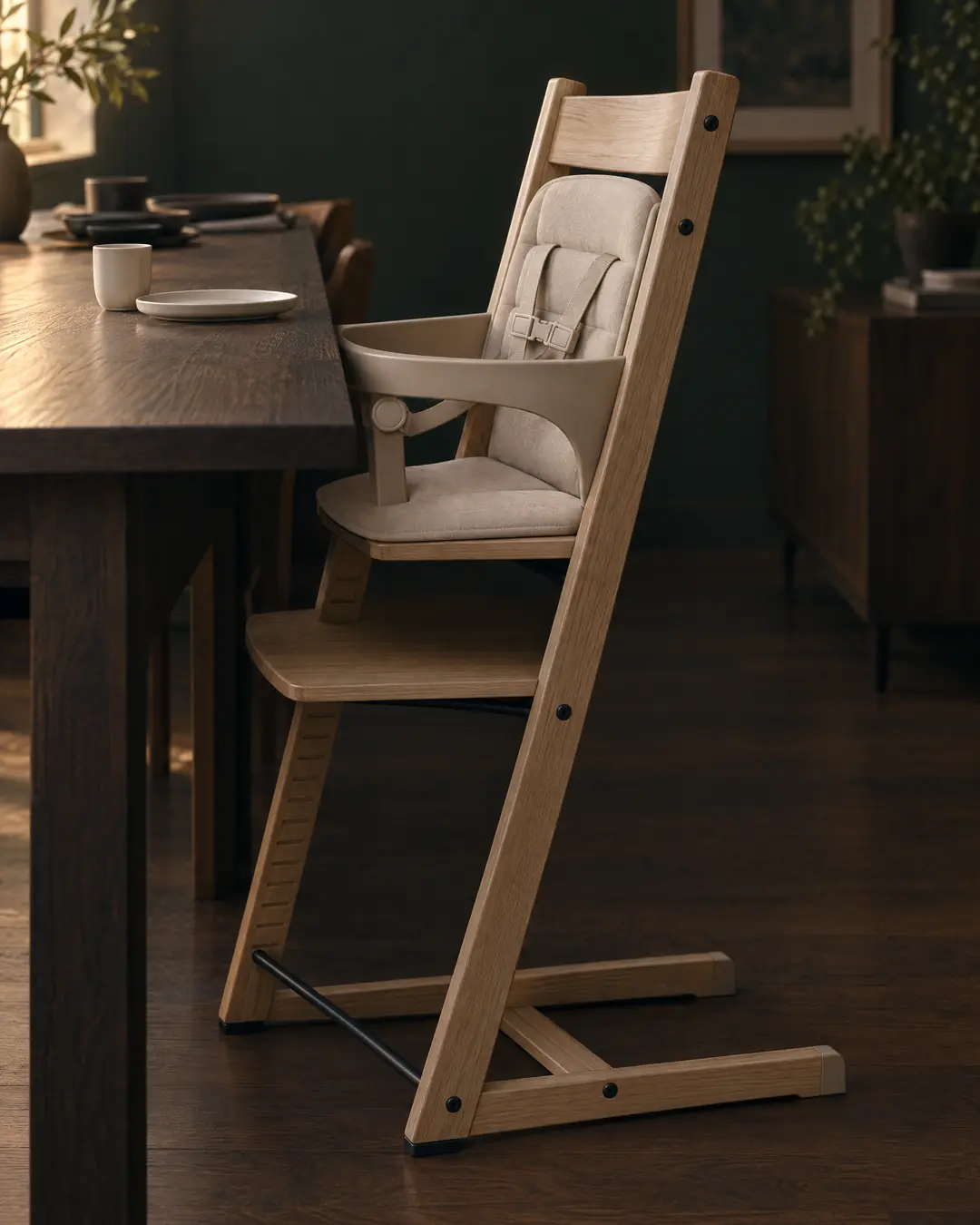 An empty oak child's chair with a sand-colored baby seat and a plain cushion, drawn up to a dark wooden table set with a small plate and cup.