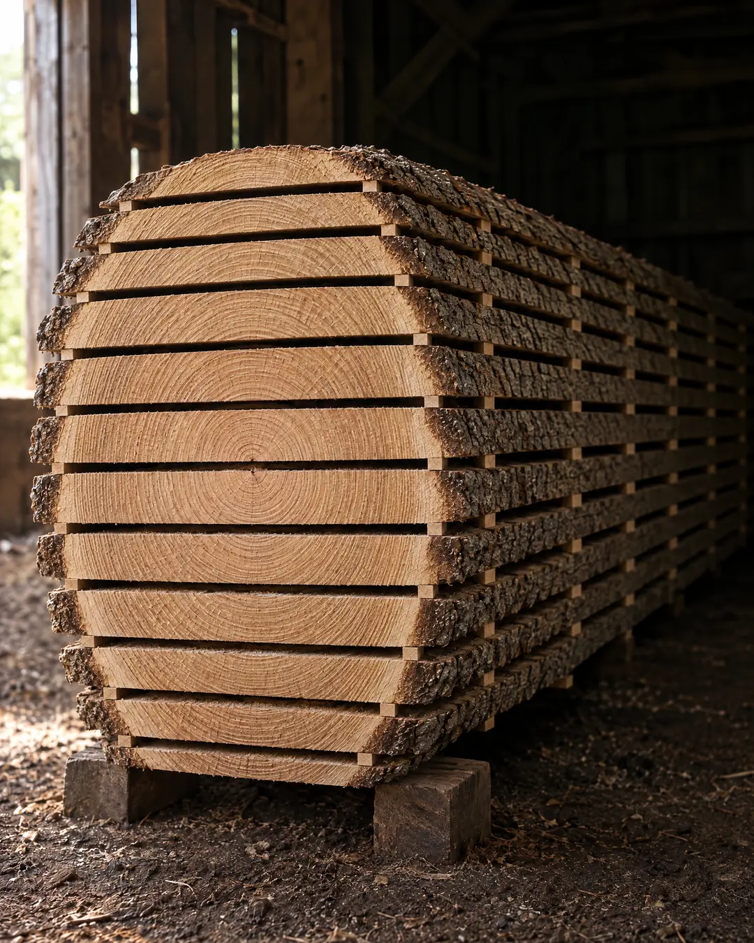A freshly sawn oak log restacked board by board with thin sticks between the layers, drying in a dim barn