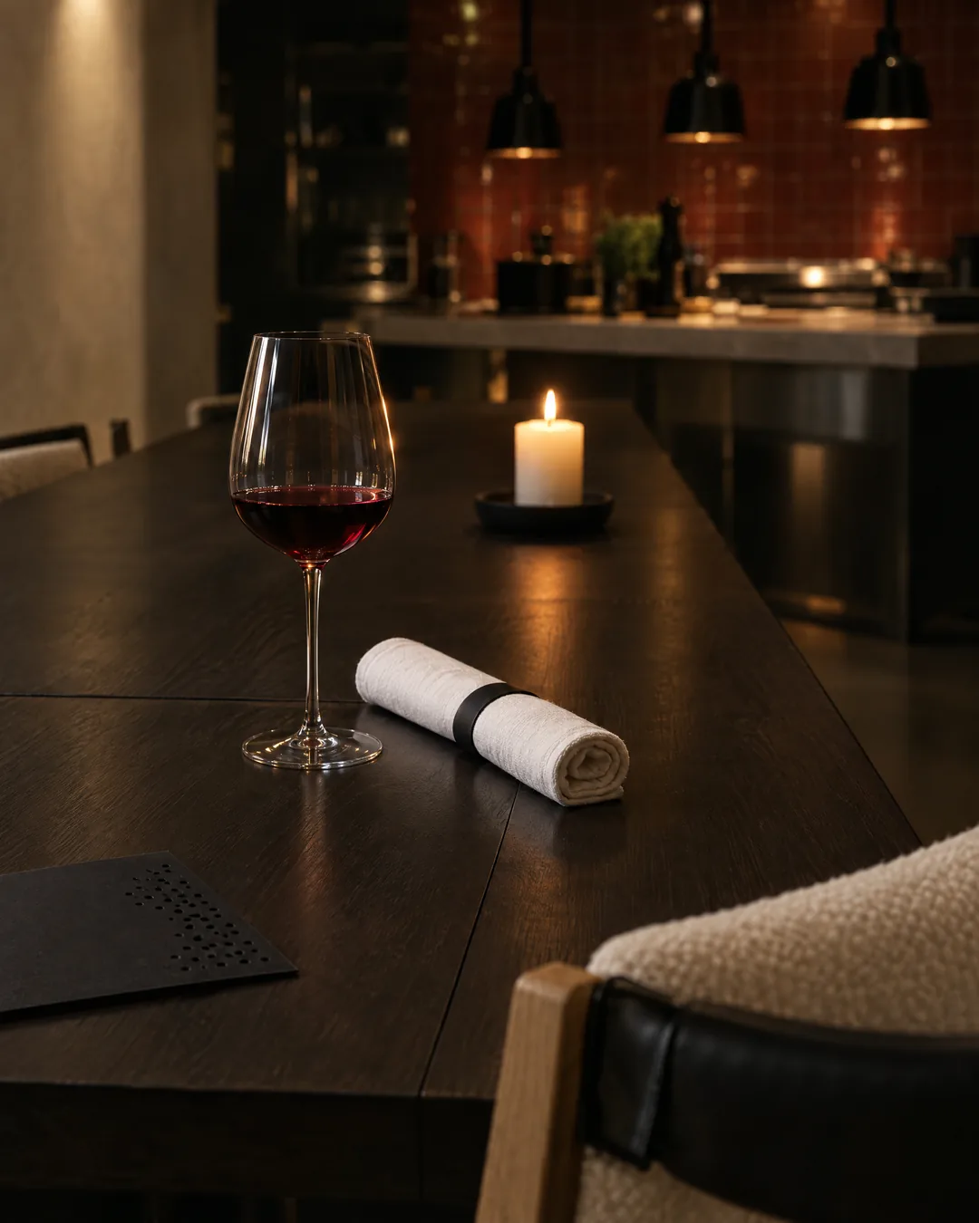 A glass of red wine at a long dark wood table, a candle and rolled napkin beside it, facing a red-tiled open kitchen