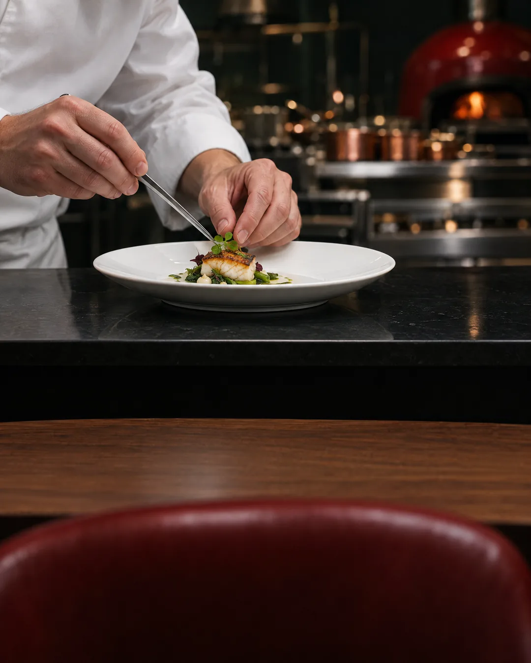 A chef plating a course on a black marble pass, past a walnut table edge and a red leather chair