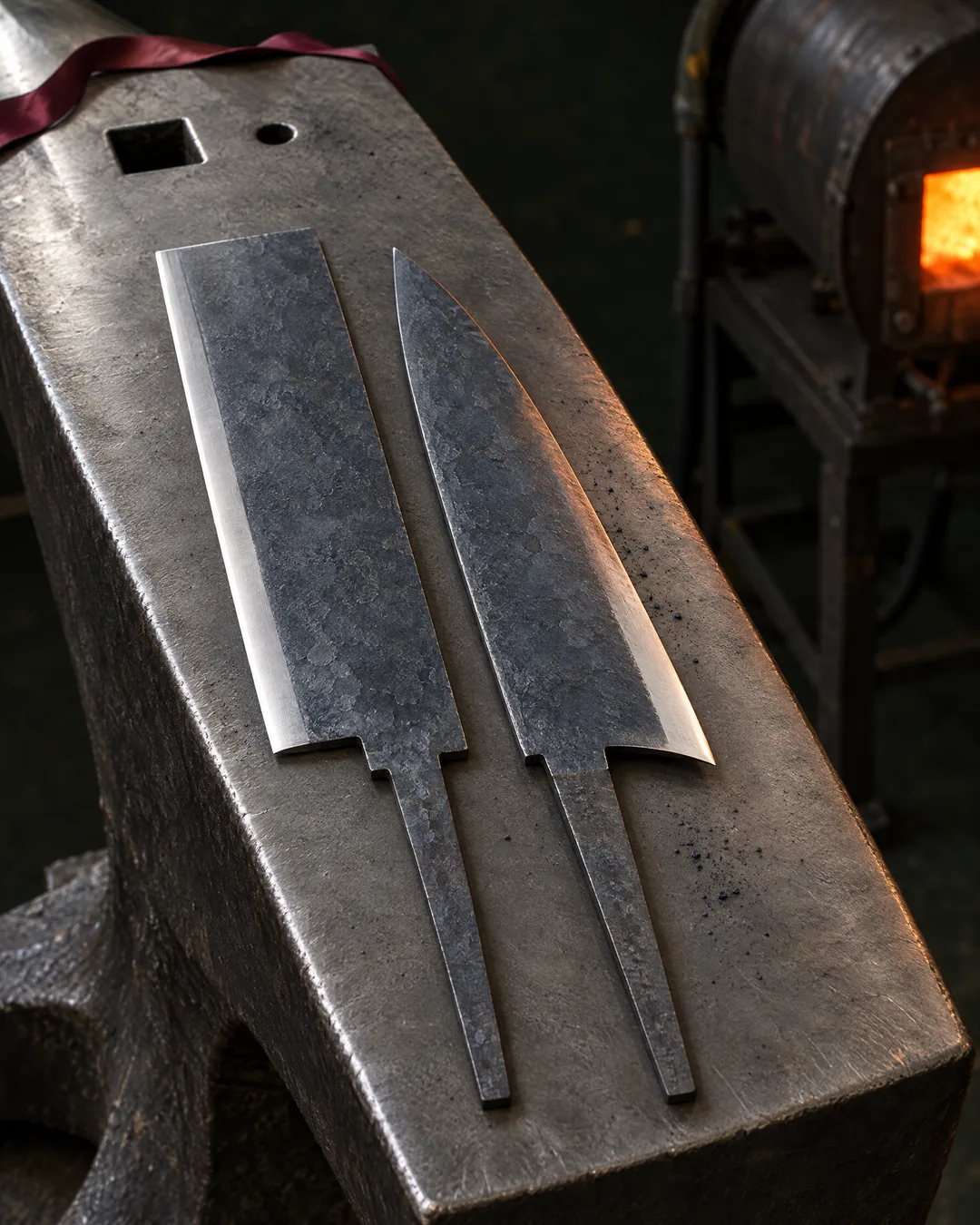 Two hand-forged Japanese-pattern kitchen blades on an anvil beside the forge