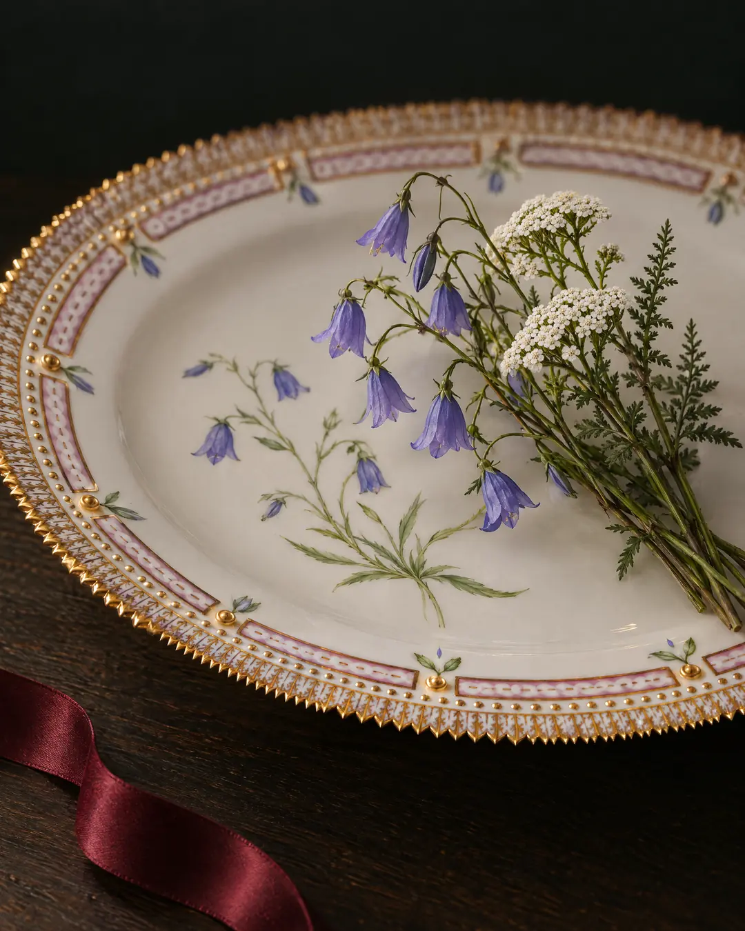 A hand-painted porcelain dinner plate with a serrated gilt rim and mauve-pink panels, a harebell painted in its center, a small posy of fresh harebells and white yarrow lying in the well beside it, and a loose length of oxblood ribbon on the dark oak table