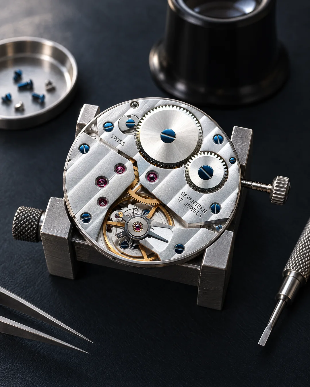 A Swiss watch movement in a holder on a watchmaker's bench, with tweezers and a loupe