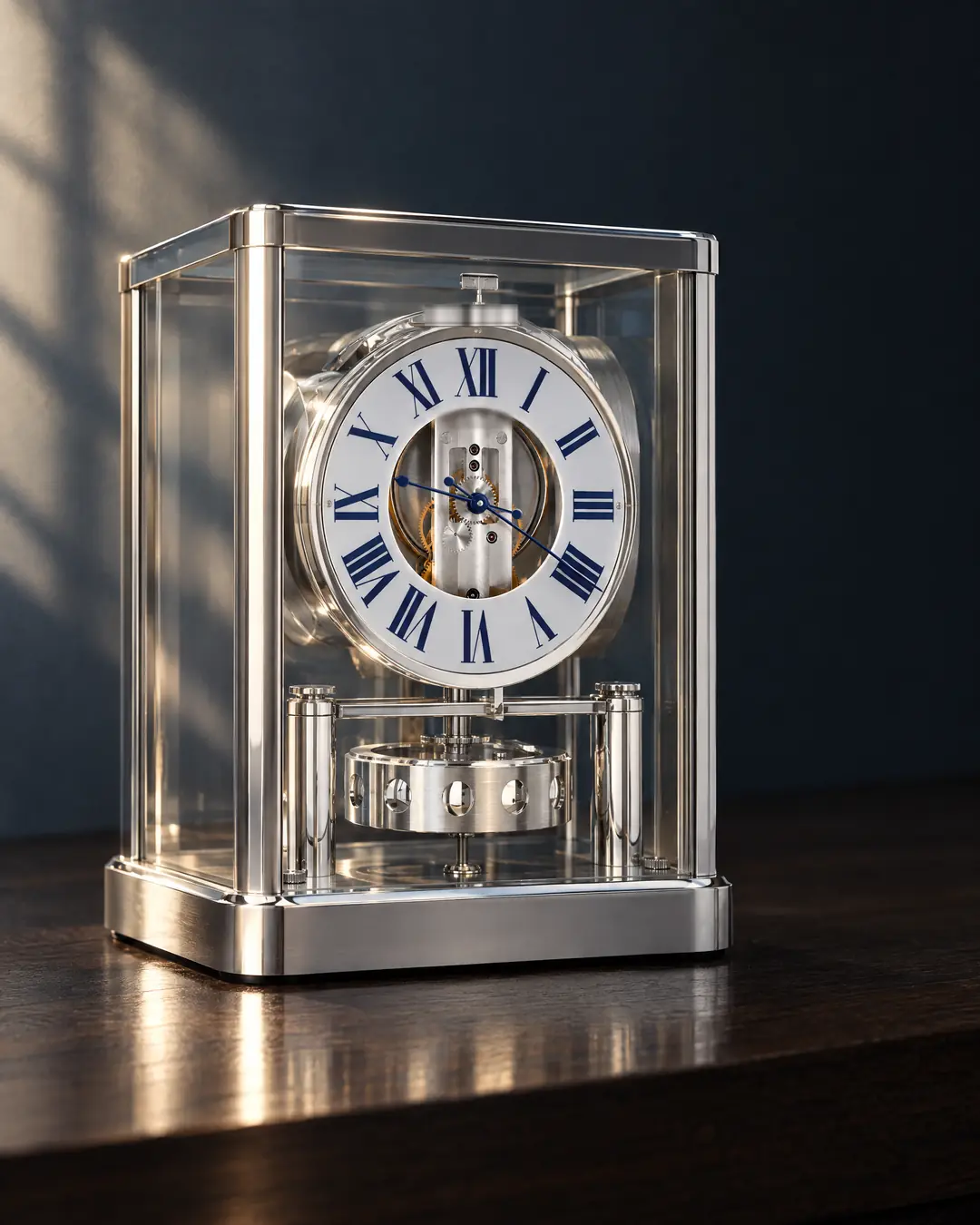 A glass-cased clock in a polished silver frame, its white ring dial with blue Roman numerals open at the center to the movement, a silver drum pendulum below, on a dark oak hall table